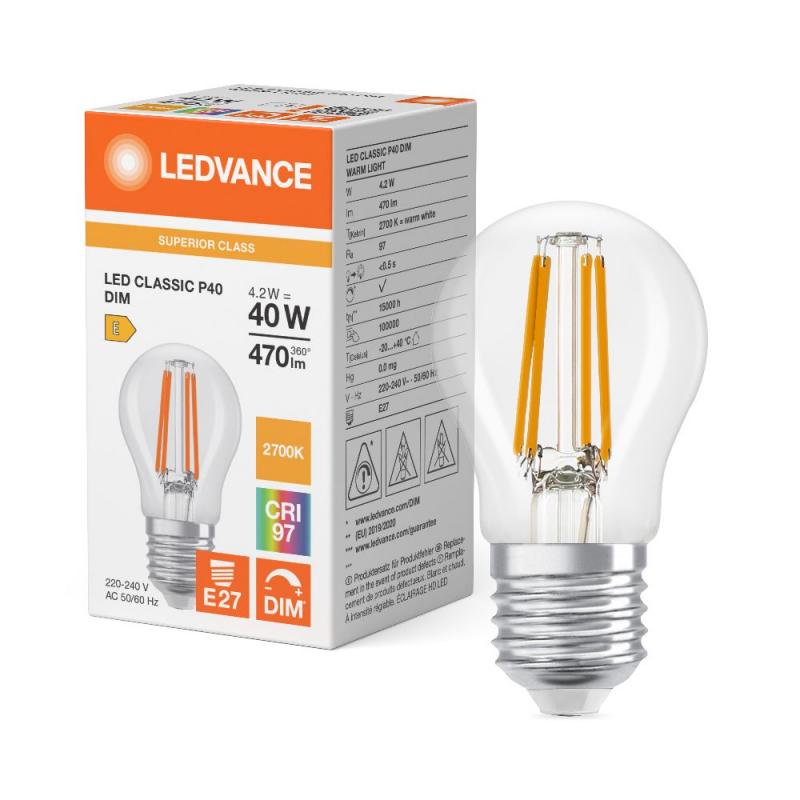 Ledvance E27 LED Tropfenlampe Classic klar dimmbar 4,2W wie 40W 2700K warmweißes Licht hohe Farbwiedergabe CRI97